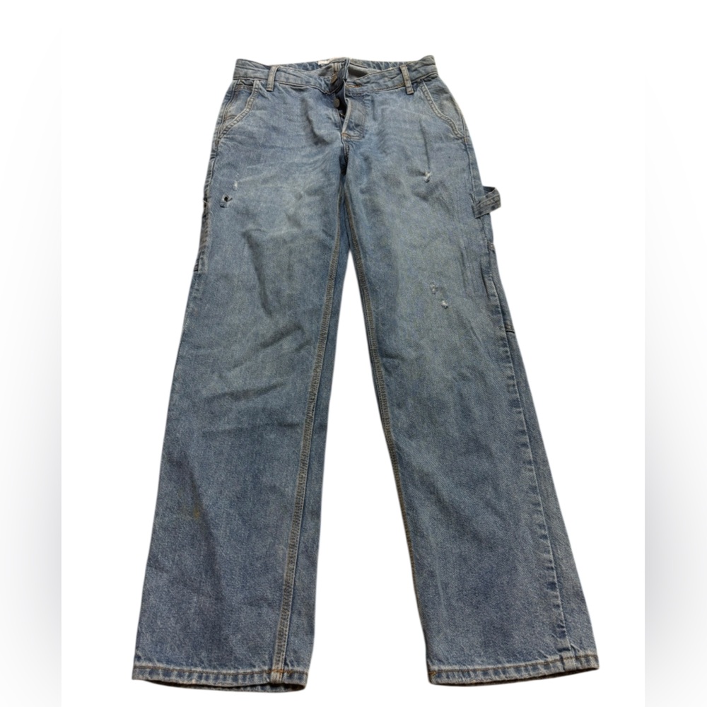 Topman High Button Cargo Men's Blue Jeans Slightly Distressed Size 28x32